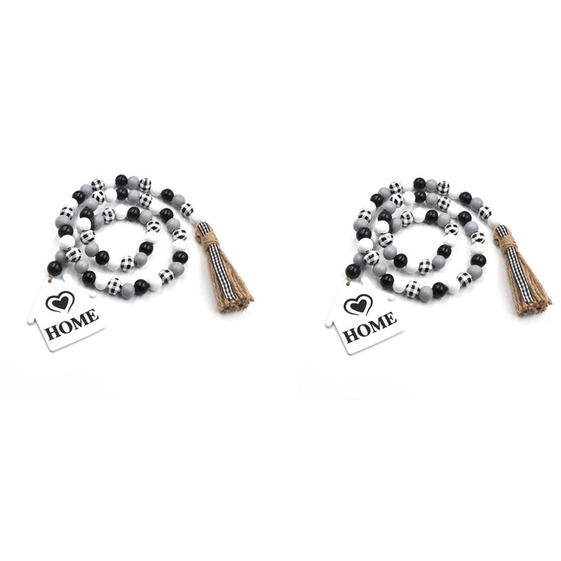 

2Pcs Black And White Plaid Wood Bead Wreath With Fringe Rustic Farmhouse Wood Beads Ornament For Family Christmas