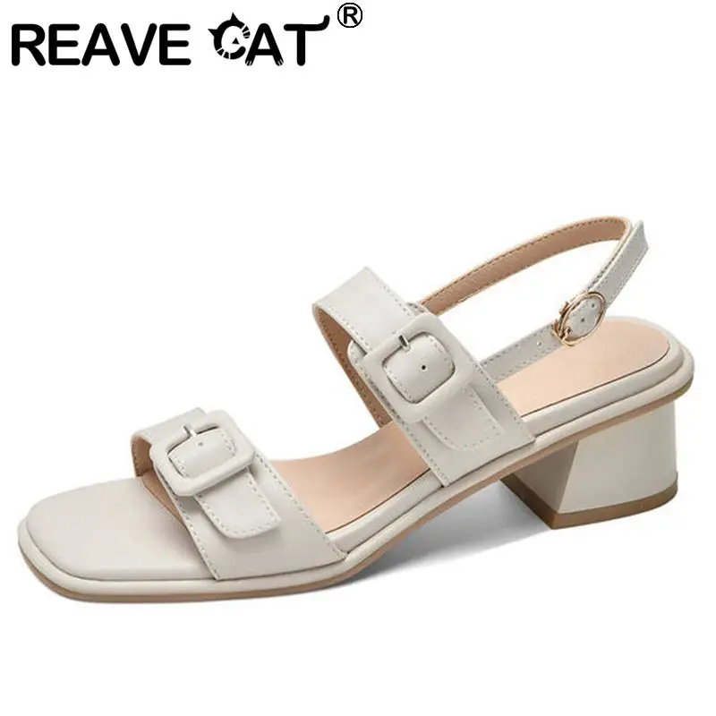 

REAVE CAT 2022 Women Sandals Square Toe Block Heels Buckle Straps Rubber Sole Concise Big Size 33-43 Solid Beige Apricot S3696