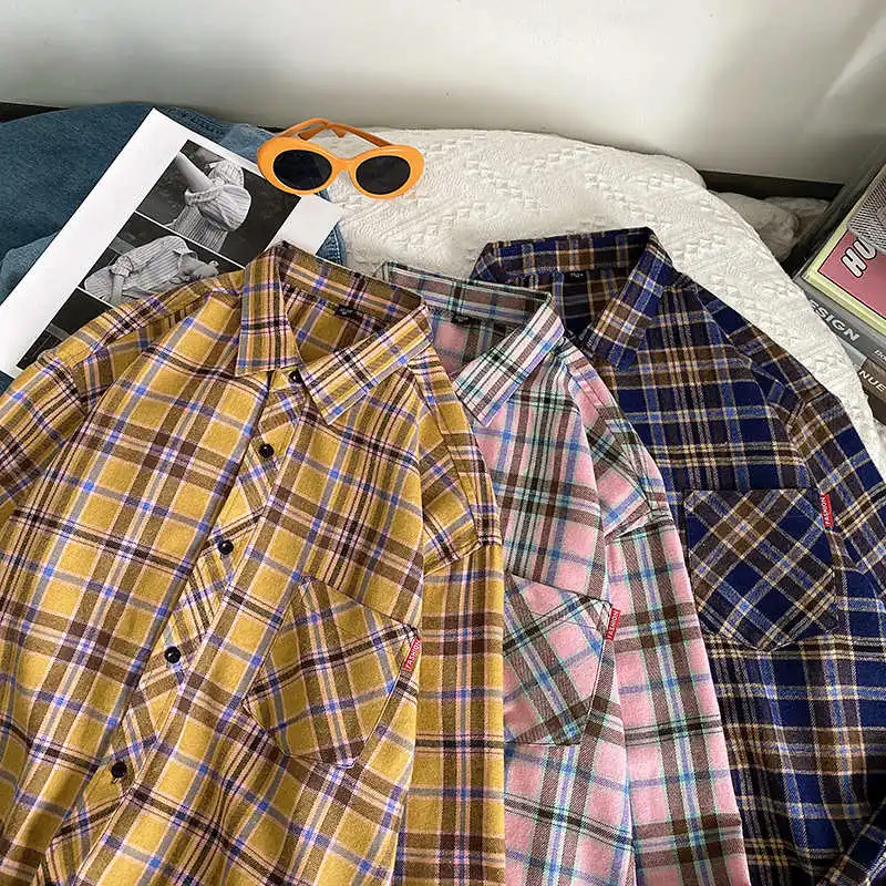 Japanese Shirt Men 2022 High Quality Clothing Streetwear Lapel Long Sleeve Casual Plaid Top Harajuku Plaid Retro Blouse Male