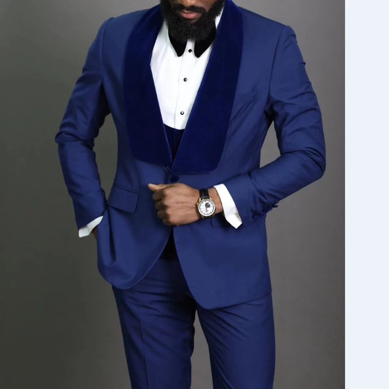 Men's Velvet Collar Blue Suit Retro Gentleman Slim Fit Tuxedo for Wedding (Blazer + Pants)