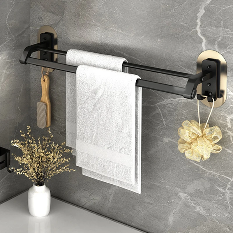 

Towel Rack 70-80 CM Velcro Storage Rack Bathroom Accessories Wall Mount Rail Shower Hanger with Hook Black Bar Aluminum Shelf