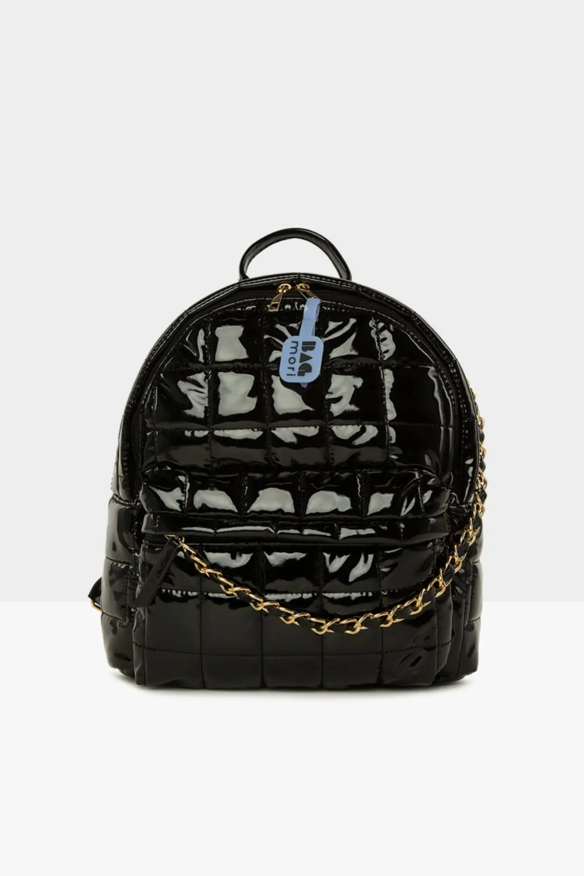 Patent leather black women square embroidered chain detailed inflatable backpack M000006562