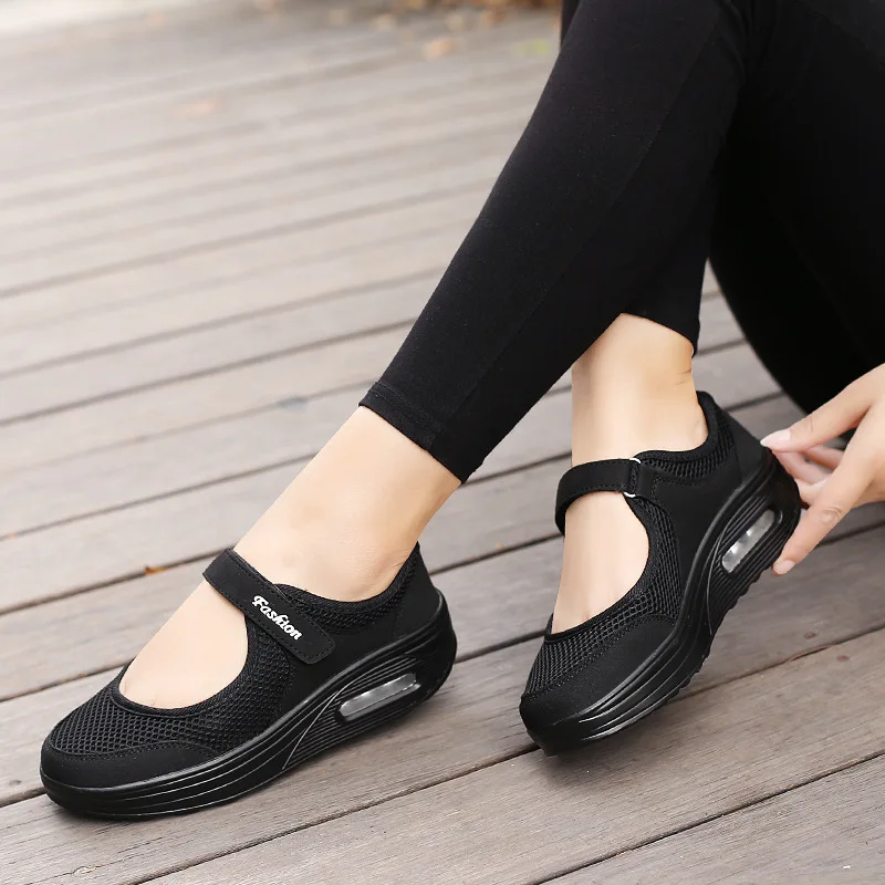 Summer Women Casual Style Sport Shoes Breathable Tape Pumps Sandals Air Cushioned Outdoor Bright Silk Inlay Design Wedge Shoes