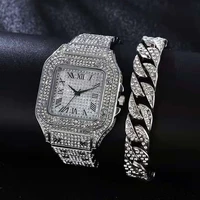 2pcs luxury watch for men women gold cubana bracelets iced out watch hip hop gold watches men gift set jewelry men reloj hombre