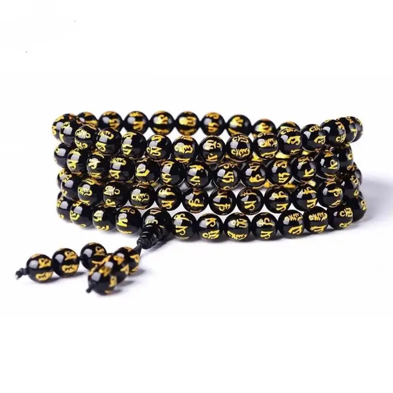 Feng Shui Obsidian Stone Bead Carve Mantra Om Mani Padme hum Amulet Unisex Wristband Bracelet Wealth Good Luck Changing Bangle