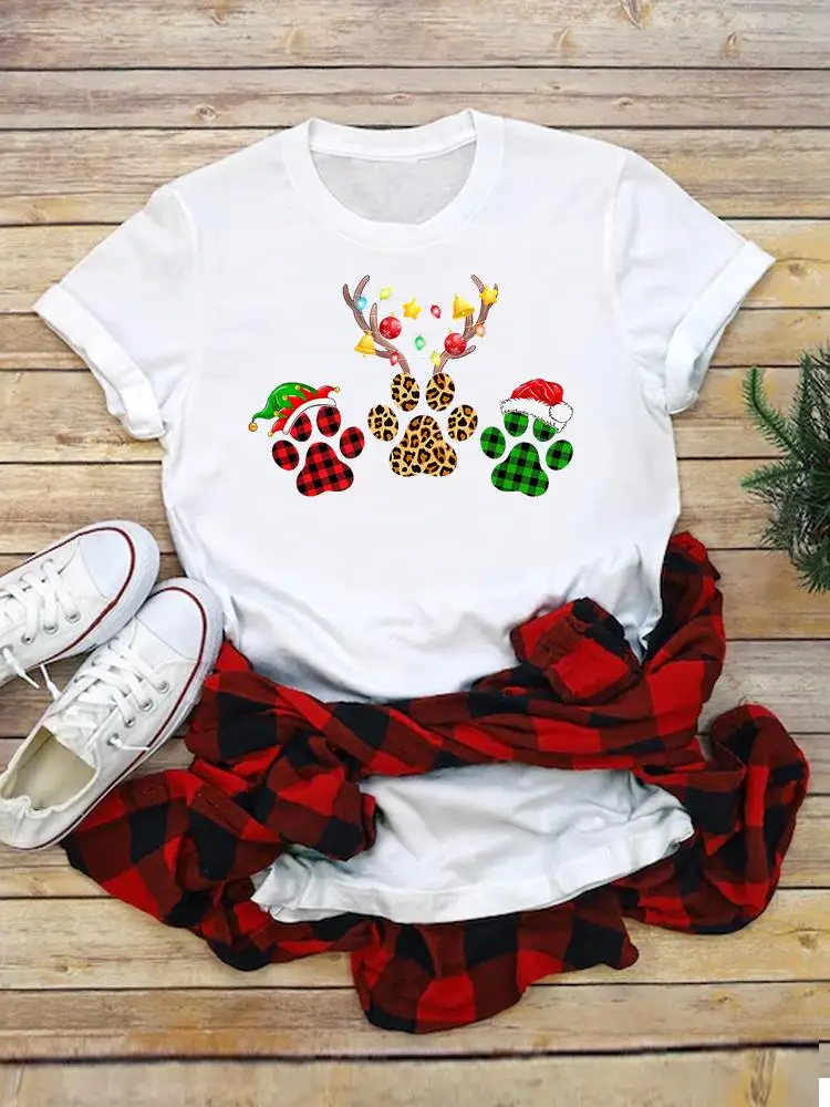 

Leopard Paw Dog Cat New Year Short Sleeve T Print Female Casual T-shirts Women Merry Christmas Fashion Graphic Tee Clothing