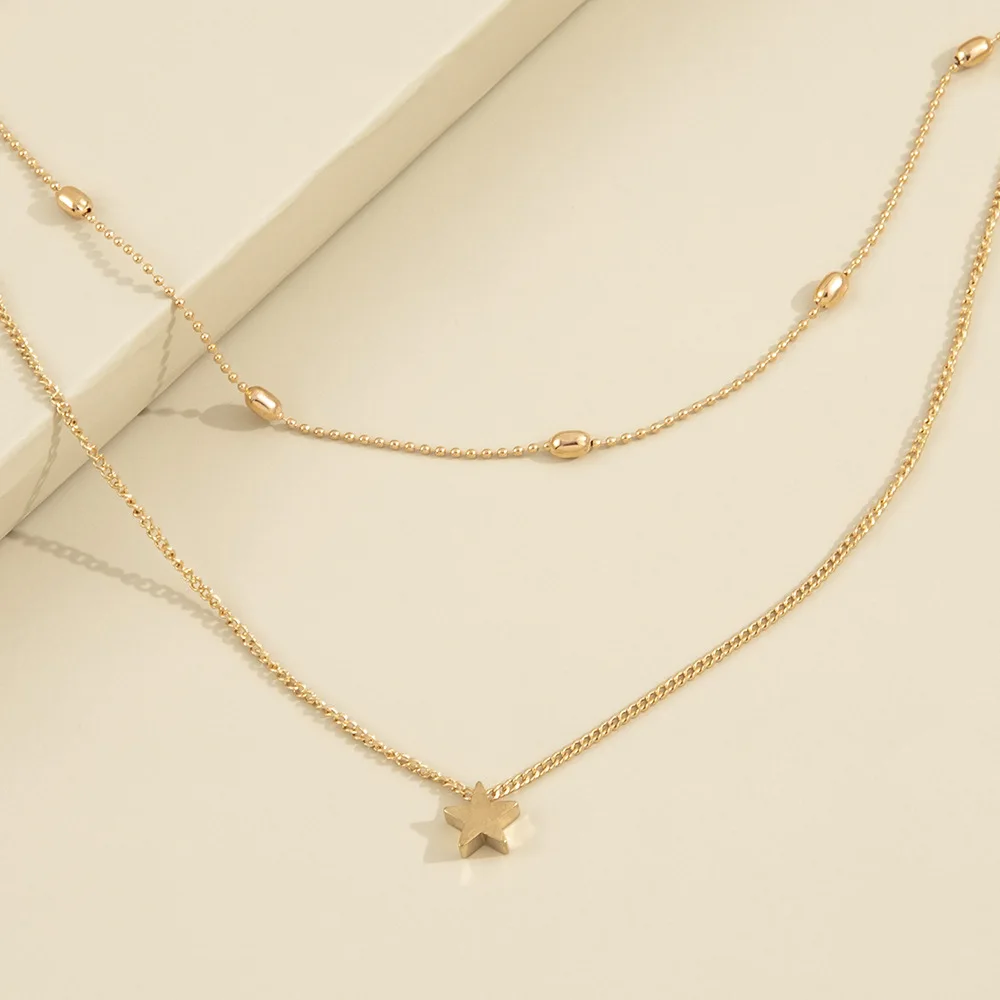 

Gold Double Pentagram Pendant Necklace Ladies Exquisite Sexy Collarbone Chain Light Material Jewelry for Women Wholesale