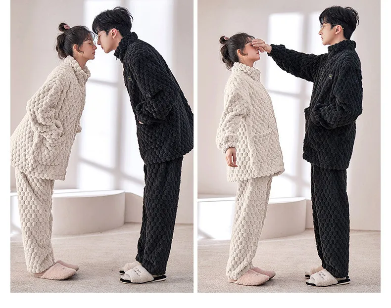 Yasuk Winter Fashion Women's Men Casual Warm Soft Sleepwear Pajamas Pants Velvet Fleecel Solid Couple Unisex Pocket Coat Thick