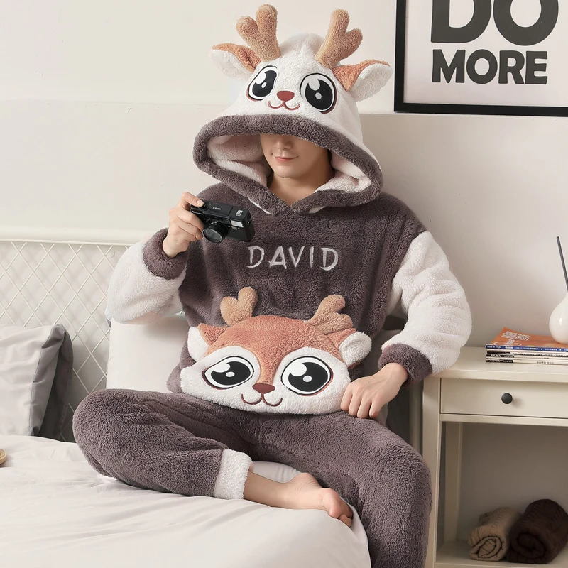 Cute Pajamas For Men Thick Plush Fleece Pajama Sets Winter  Coral Velvet Warm Flannel Clothes Home Suit Male Sleepwear Pyramid