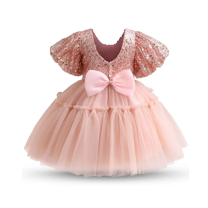 Pink Sequin Toddler Kids Birthday Dresses for Girls Puff Sleeve Newborn Baby Baptism Princess Gown Wedding Party Formal Dress