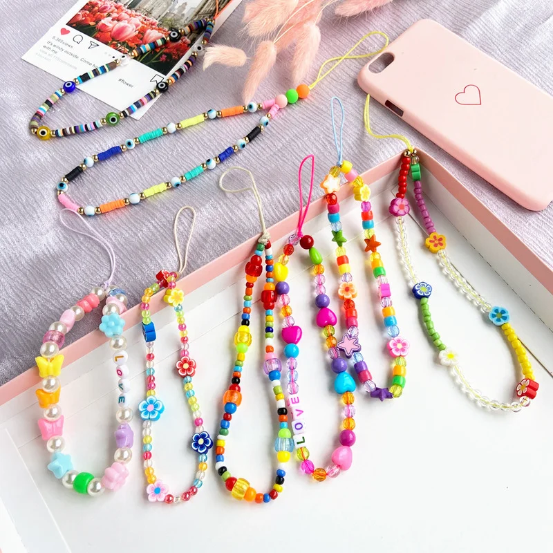 

Ethnic Color Clay Flower Charm Phone Chain Lanyard Jewelry for Women Mobile Phone Strap Acrylic Love Phone Case Cord Accessories