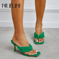 green suede high heels flip flops denim striped outdoor women shoes clip toe casual summer beach sandals slippers slides shoes