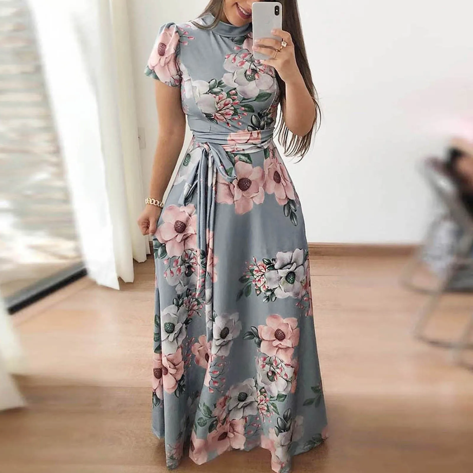 

Women Plus Size Dress Floral Print Party Dress Vintage Summer Short Sleeve Long Dress Elegant Loose Tunic Dresses Robe платье