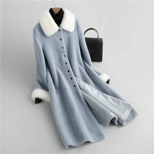 

100% Real Sheep Shearing Elegant Coat Women Autumn 2023 Winter Mink Fur Collar Wool Jacket Female Jaqueta Feminina Gxy563