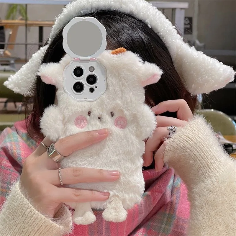 3D Cartoon Cute Plush Lamb With Mirror Phone Cases For iPhone 14 13 12 11 Pro Max XR XS MAX 8 X 7 SE Shockproof Soft Back Cover