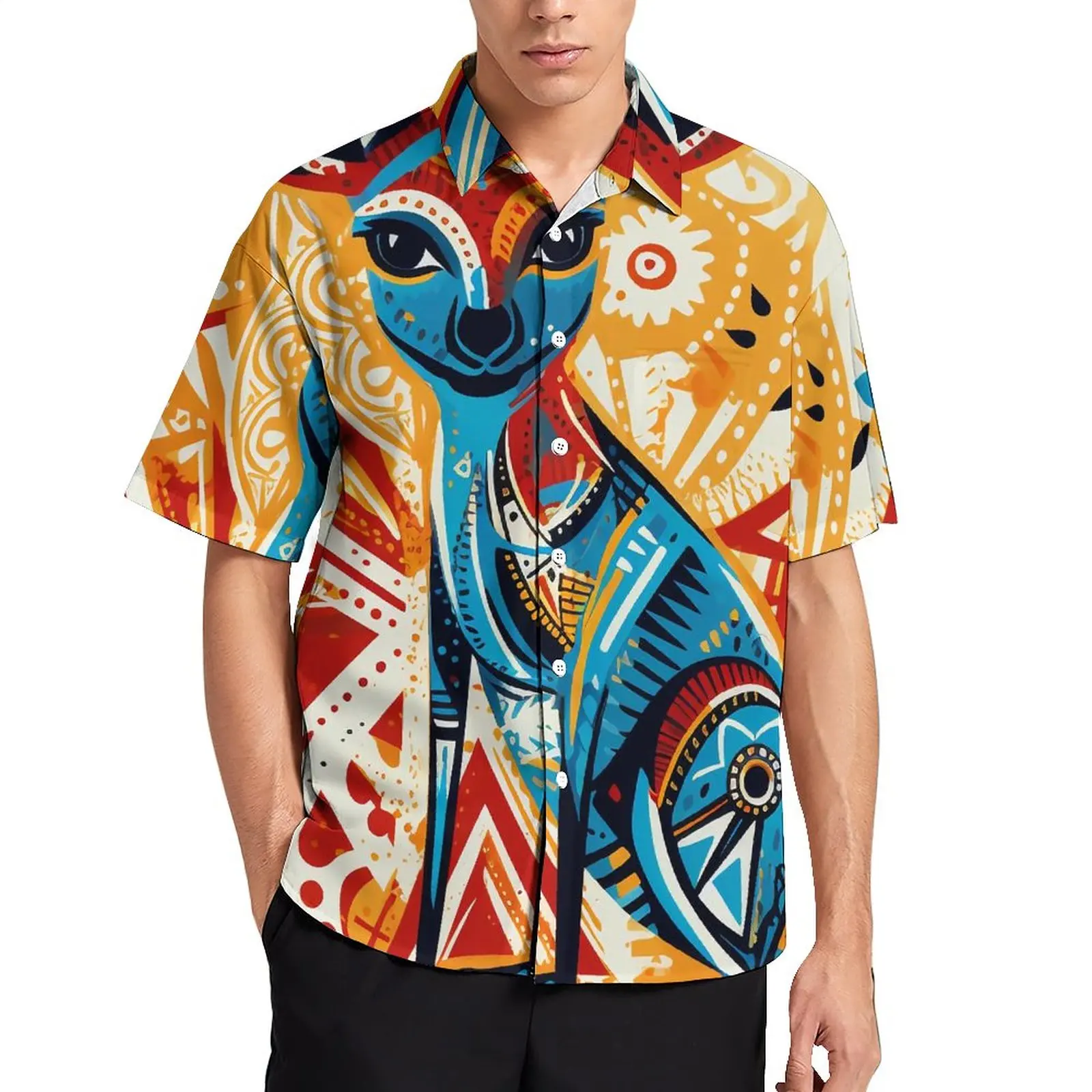 

Kangaroo Blouses Male Graffiti Line Art Fragmented Icons Casual Shirts Hawaiian Short Sleeves Stylish Oversized Vacation Shirt