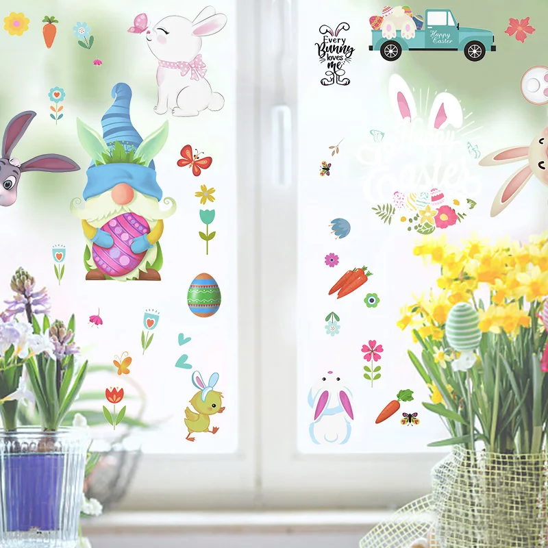 

9Pcs/set Happy Easter Window Stickers Rabbit Easter Egg Carrot Chick Electrostatic Glass Sticker Easter Party Wall Sticker Decor