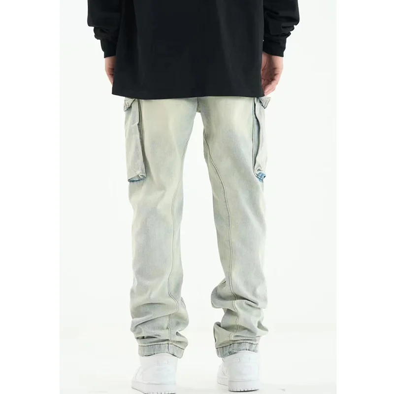 Streetwear Men 2022 Big Pocket Loose Broad Leg Blue Jeans Autumn and Winter New Pattern Casual Yellow Mud Dyeing Trousers Female