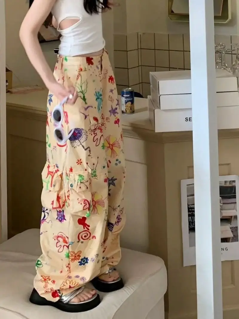 

Уличные винтажные шикарные повседневные брюки в стиле хип-хоп с принтом граффити женские летние дизайнерские свободные брюки с широкими штанинами