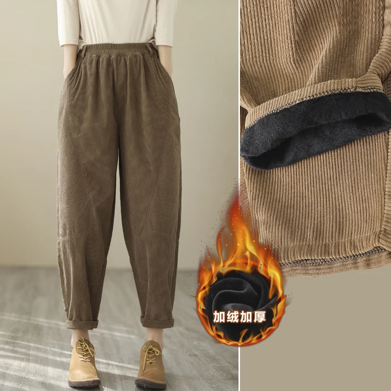 

Winter Casual Retro Thick Corduroy Harun Pants Women's Elastic Waist Warm Leisure Radish Pants