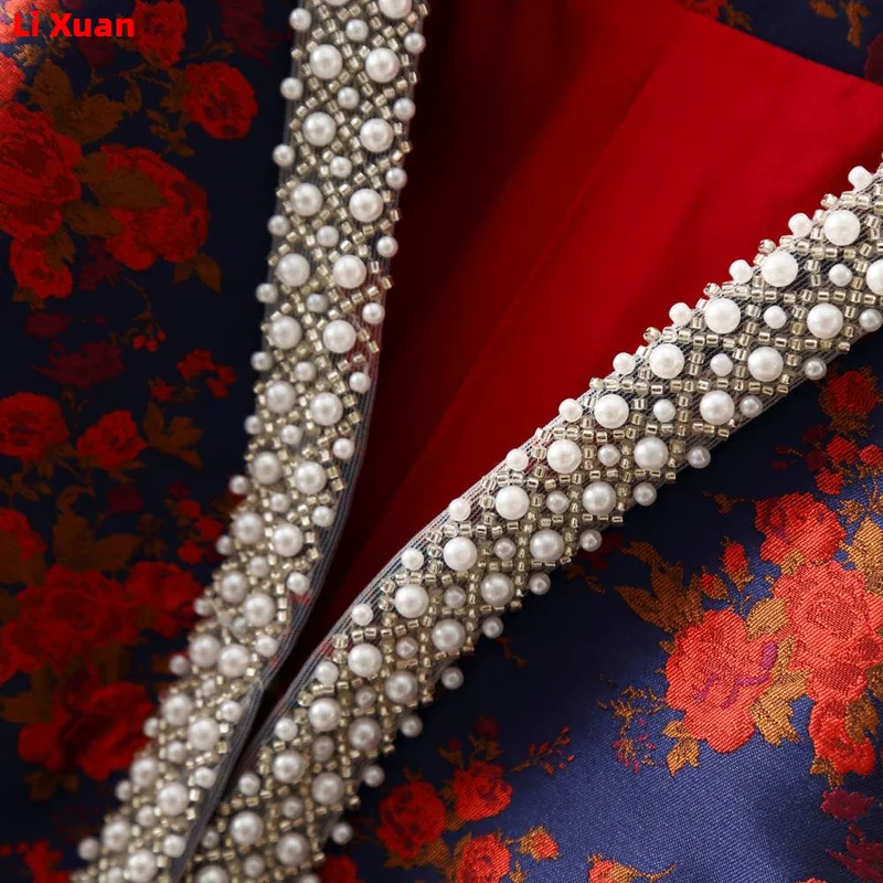 Quality Elegant Spring Autumn Brocade Short Flower Beaded Coat Round Neck Slim Fit Collarless Jacket Blazer Small Fragrance Top