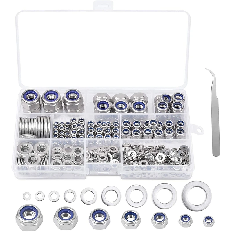 

980Pcs Lock Nuts Hex Nuts Lock Nuts With Flat Washers Washers 304 Stainless Steel Nylon Nuts Lock Washers Assortment Set