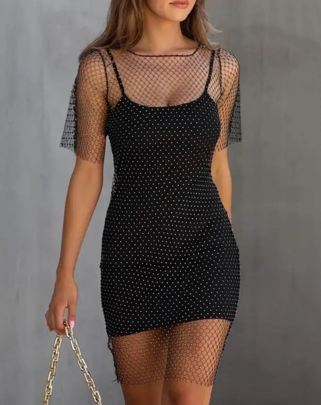 

Women's Dresses 2022 Summer Plain Spaghetti Strap Sexy Round Neck Plain Short Sleeve Mini Dress with Hollow Out Rhinestone Top