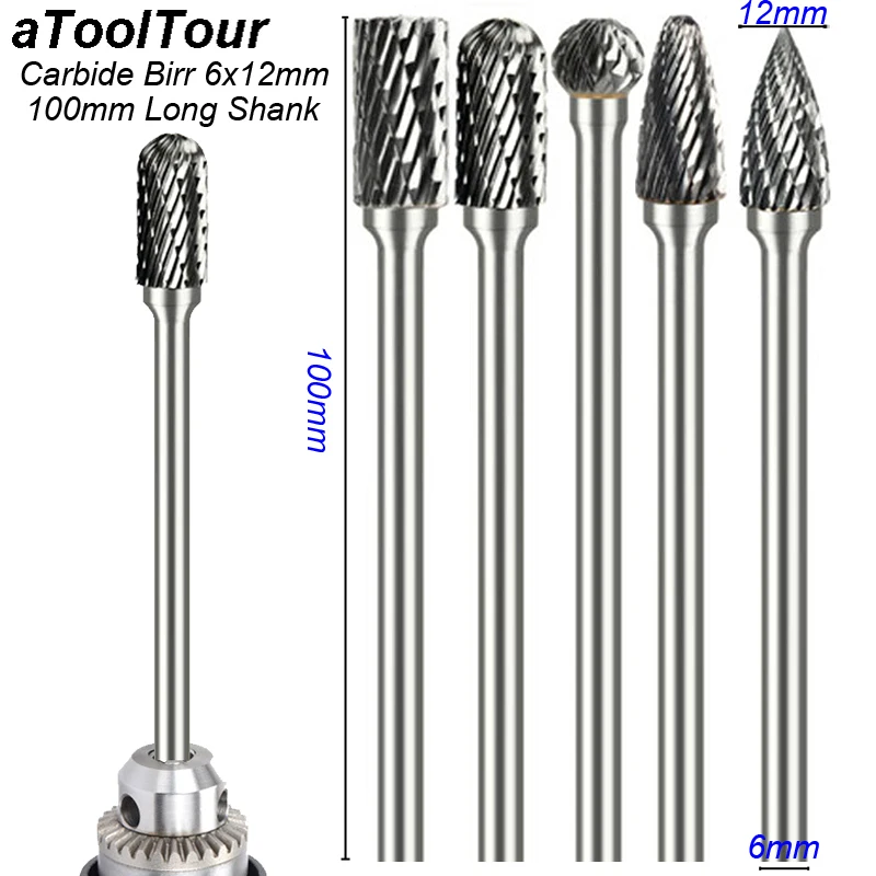 100mm Extention Long Shank 6x12mm Cutting Edge Carbide Burr Carving Grinder Abrasive Tool Rotary Burr Shaft Milling Cutter Metal