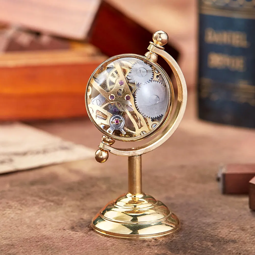 Vintage Spinning Globe Gold Desk Clock Men Creative Gift For Pocket Watch Copper Table Clock Mechanical Pocket Watch Male