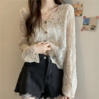 fines blouse women v neck lace shirt womens summer new thin slim fit short long sleeved hollow out sunscreen cardigan top