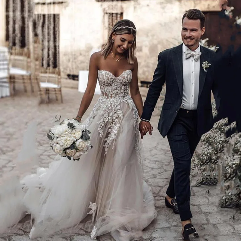 

Женское свадебное платье без бретелек, Элегантное Длинное платье из органзы с аппликацией и шлейфом без рукавов, 2022