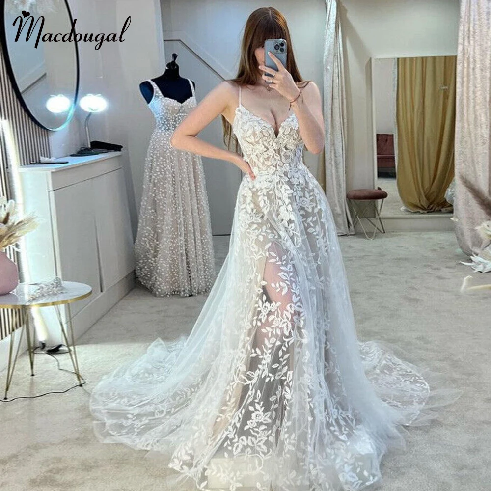 

MACDOUGAL Charming V-neck Wedding Gown For Women Lace Appliques A-line Split Court Train Tulle Vestido De Noiva Customized