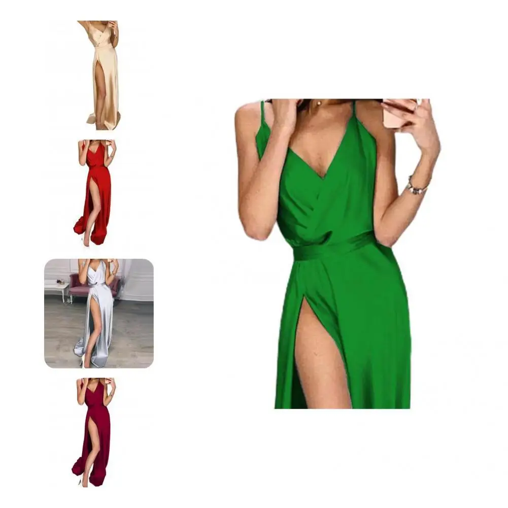 

Chic Floor-Length Dress V Neck A-line Evening Dress Solid Color Party Dress