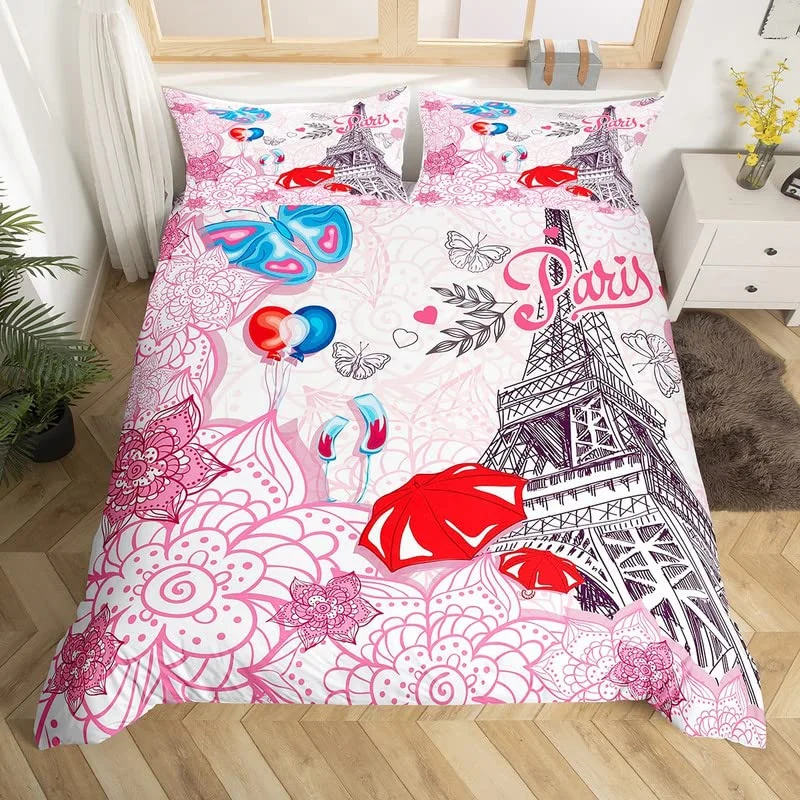 

Eiffel Tower Duvet Cover Romantic Paris King Bedding Set Microfiber Boho Floral Comforter Cover For Girls Teens Valentines Gift