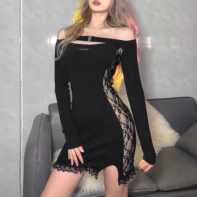 

Fairycore Sexy Hollow Out Lace Women Dress Pure Black Slash Neck Long Sleeve See Through Vestido E Girl Split Fork Club Wear