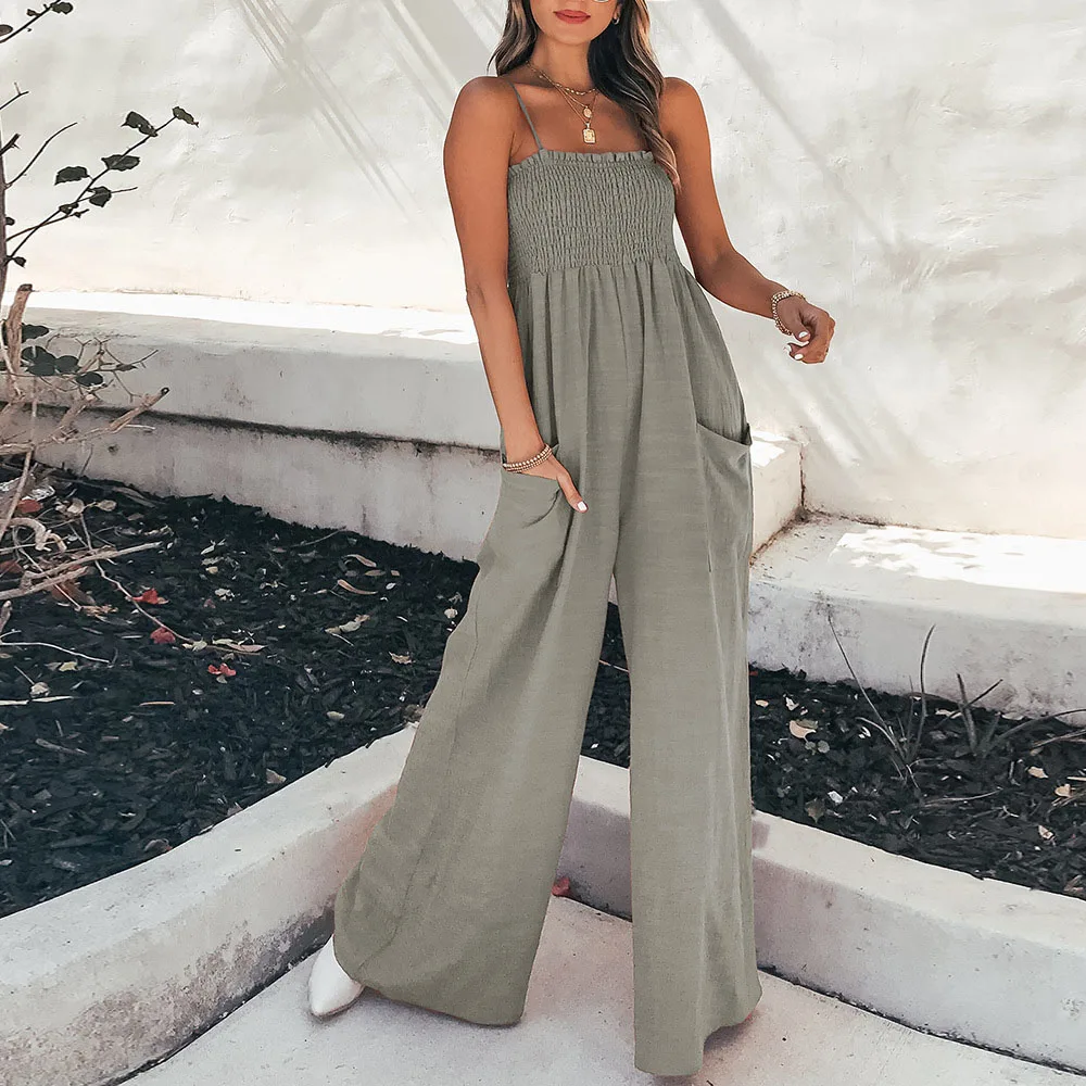 2023 Summer Sexy Spaghetti Strap Sleeveless Jumpsuit Women Solid Loose Casual Wide-leg Jumpsuits Beach Holiday Pocket Overalls