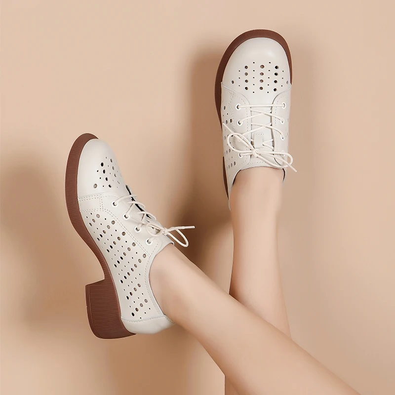 Spring and Summer 2023 Small Leather Shoes Large Size women's Shoes White Casual Breathable Hollow Single Shoe Sandals Soft
