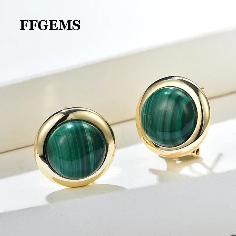 

FFGems 100% Natural Malachite Earrings Sterling 925 Silver Gemstone 12mm Big Green for Women Birthday Party Trend Jewelry Gift