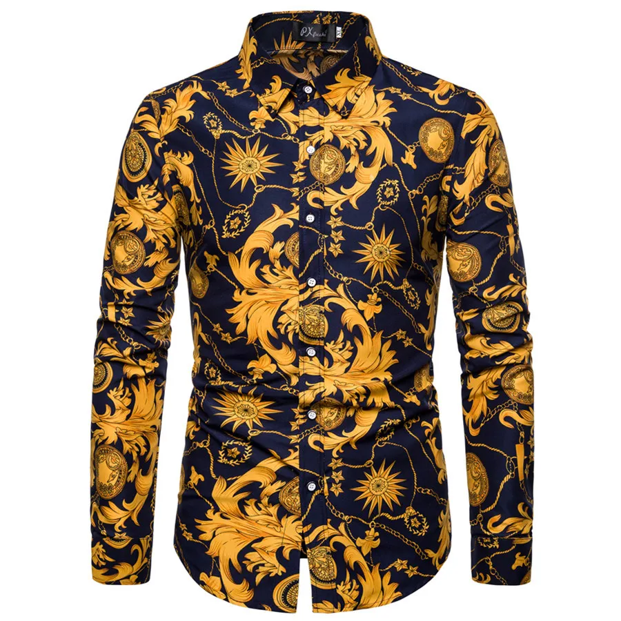 Mattswag Mens Gold Flowers Printed Long Sleeve T Shirts Autumn Winter Men's Clothing Stylish Shirt Casual Slim Fit Camisa Hombre