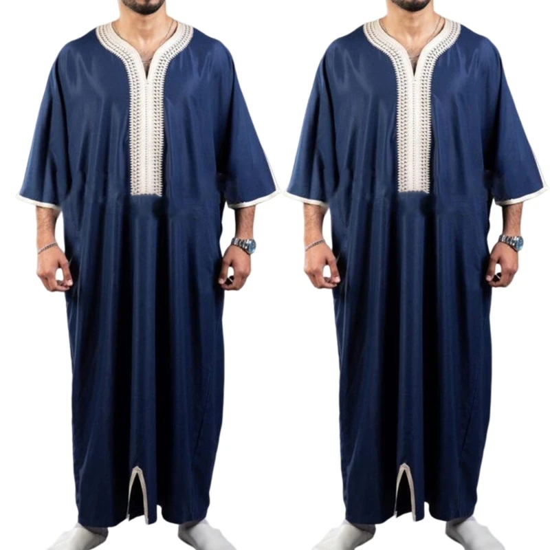 

Men Saudi Arab Kaftan Mid-Long Sleeves Robe Muslim Dress Middle East Jubba Thobe Patchwork Muslim Clothing for Daily