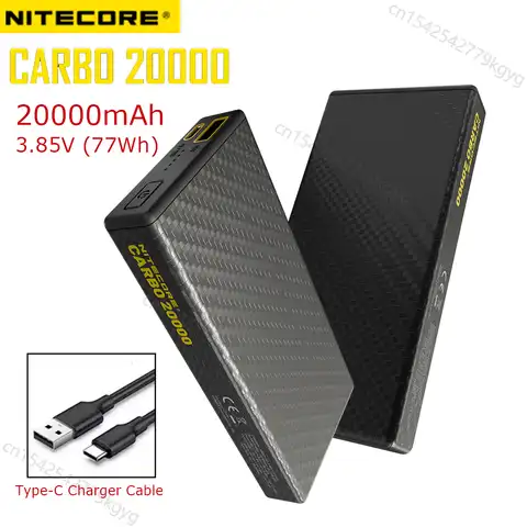Внешний аккумулятор Nitecore Carbo 20000, литий-ионный аккумулятор IPX5 емкостью 20000 мАч, углеродное волокно, 3,85 В, 77 Втч, тонкий зарядный кабель светиль...