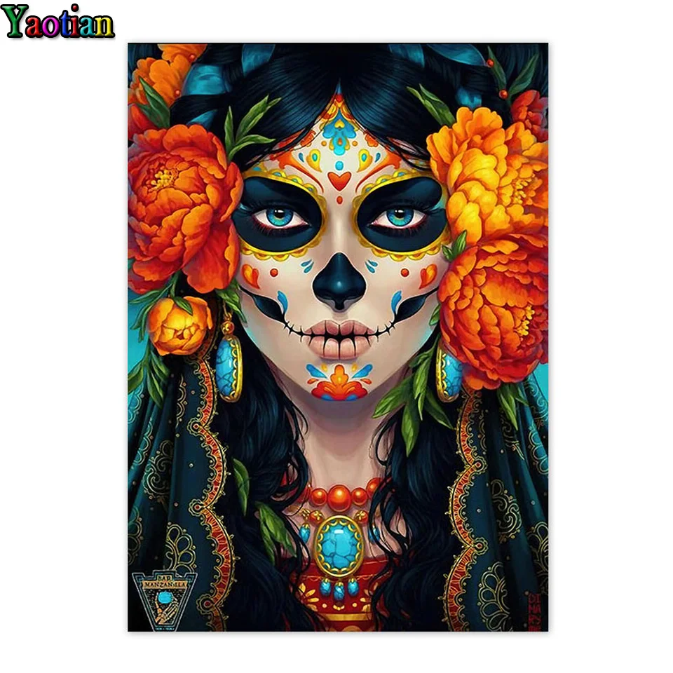 

Полноразмерная картина из круглых страз, красочный череп, женщина, мозаика на Хэллоуин, «сделай сам», алмазная вышивка, Набор для вышивки кр...