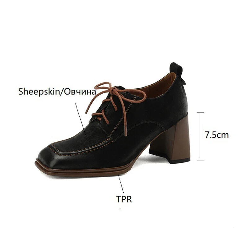NEW Spring/Autumn Women Loafers Square Toe High heels Genuine Leather Chunky Heel Pumps Women Plus Sizes Retro Lace Black Shoes