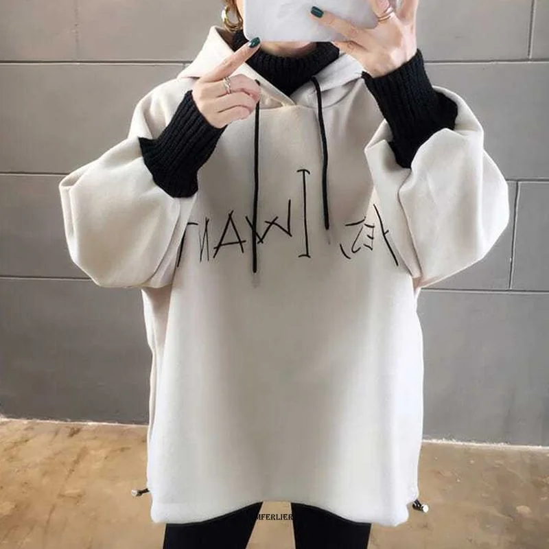 

Large Size 6XL 150kg Winter Women Fleece Hoodies Women Warm Pullover Sweatshirt Long Sleeve Fake Two Piece Women Hooded Outwear
