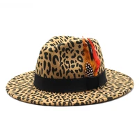 trend unisex flat brim wool felt fedora hat men classic leopard grain with feather features decor panama formal hat for women