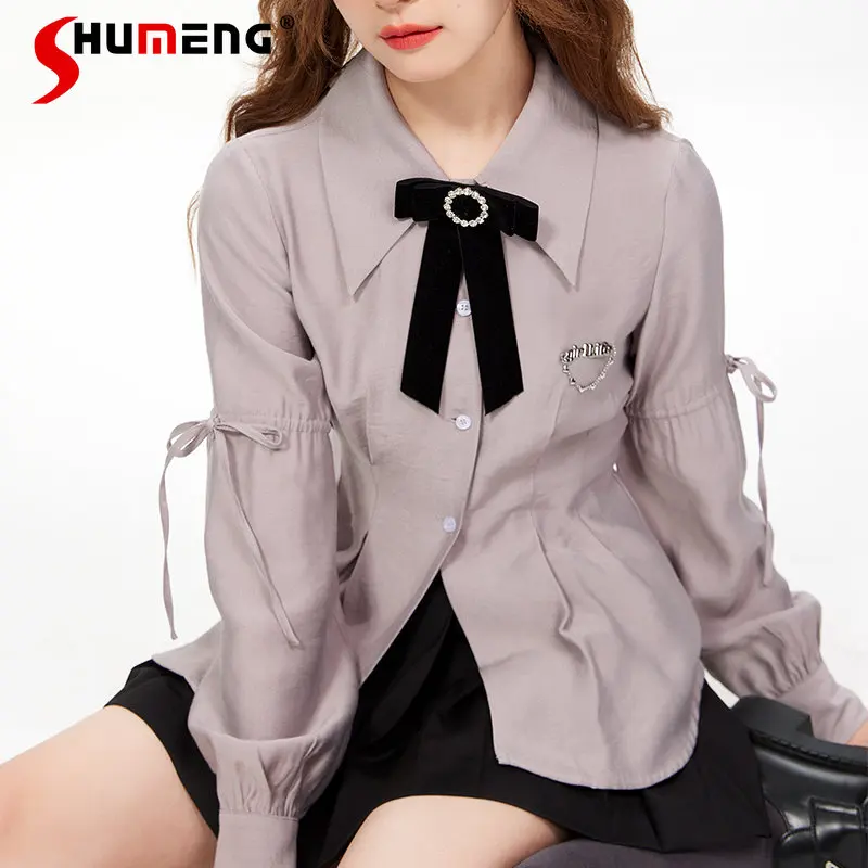 

Japanese Style Backless Bow Long Sleeve Blouses for Women 2023 Spring New Original High-end Waist-Tight Ruffles Hem Lapel Shirt