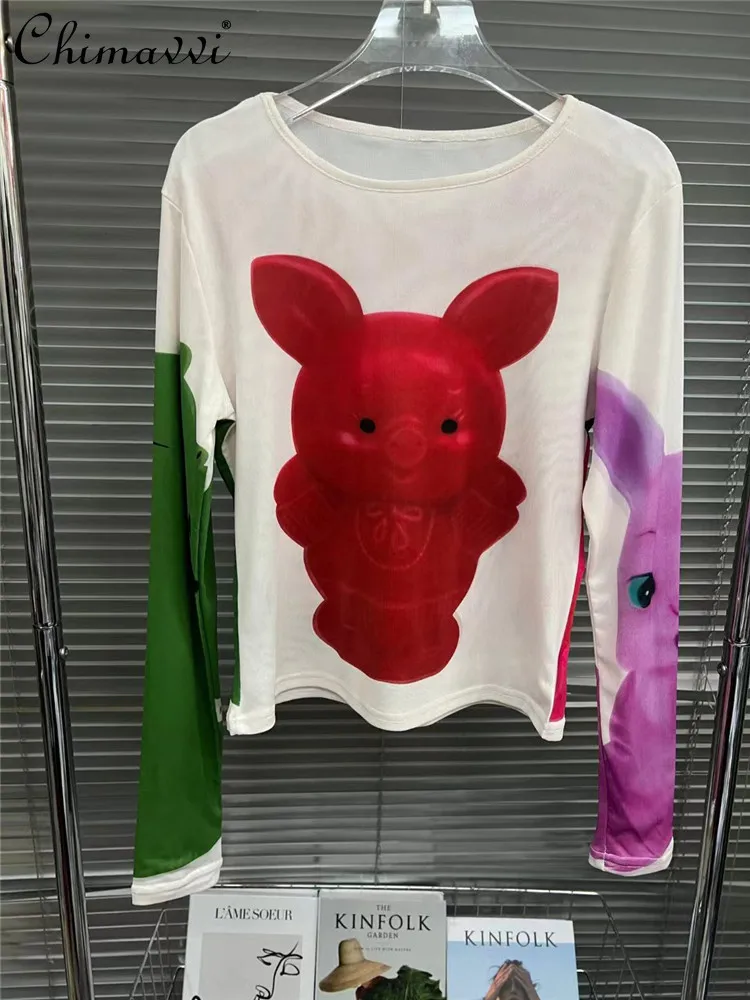 

2023 Summer Fashion Printed Long Sleeve Mesh T-shirt Women Thin Hot Girl Cartoon Navel Sun Protection Shirt Casual Crew Neck Top