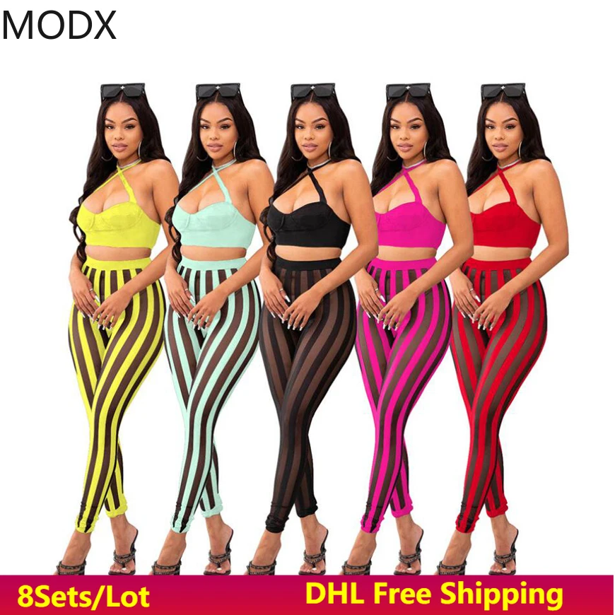 

2 Piece Sets Tracksuits Sexy Mesh Halterneck Crop Tops See Through Leggings 5Sets Solid Sweatsuits Women Clothes Wholesale 7215