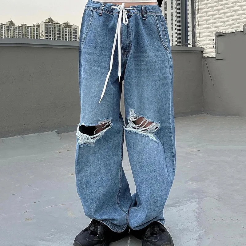 

Blue Baggy Drawstring Jeans Low Waist Street Fashion Wide Leg Pants Women Holes Casual Loose Hippie Denim Harajuku Pants