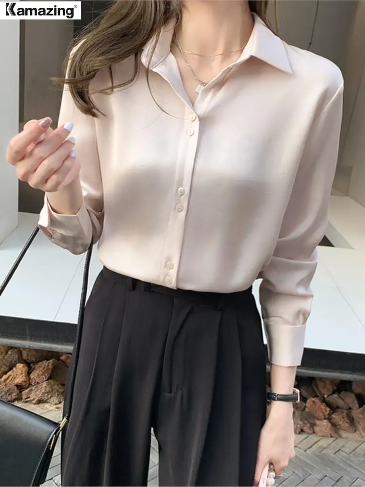 

Spring Elegant Female Shirts Single-breasted Turn-down Collar Office Ladies Solid Blouses Long Sleeve Female Tops